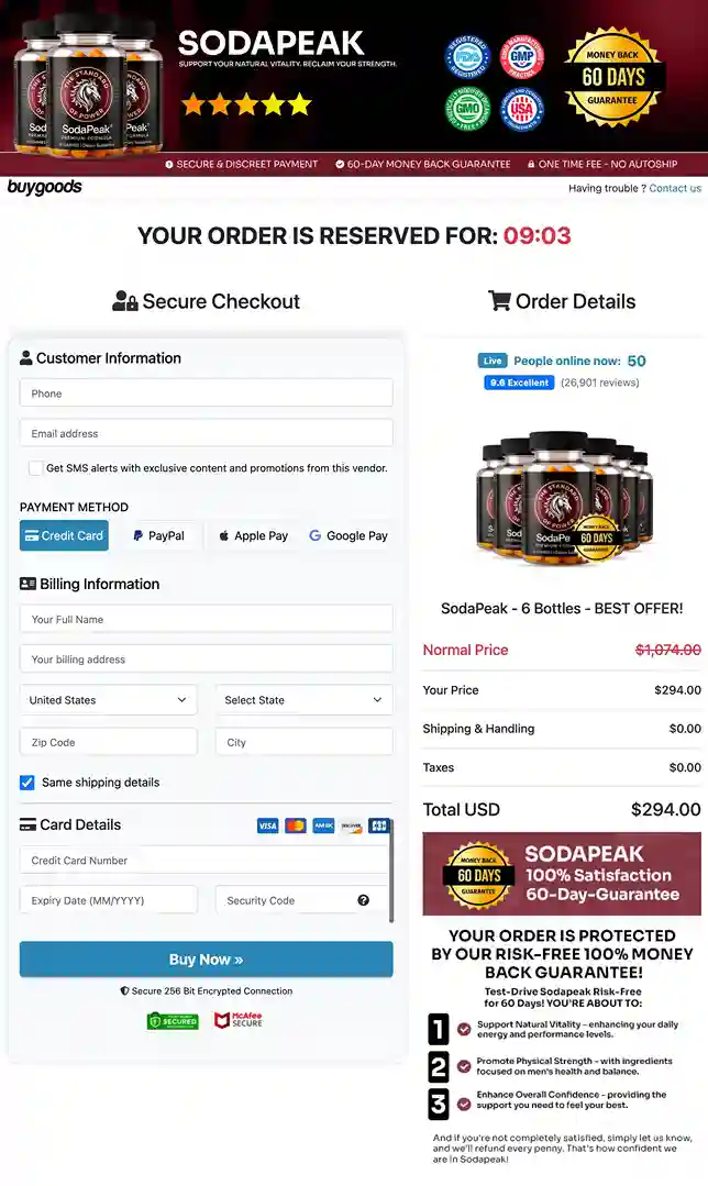 SodaPeak official secure checkout page with payment options